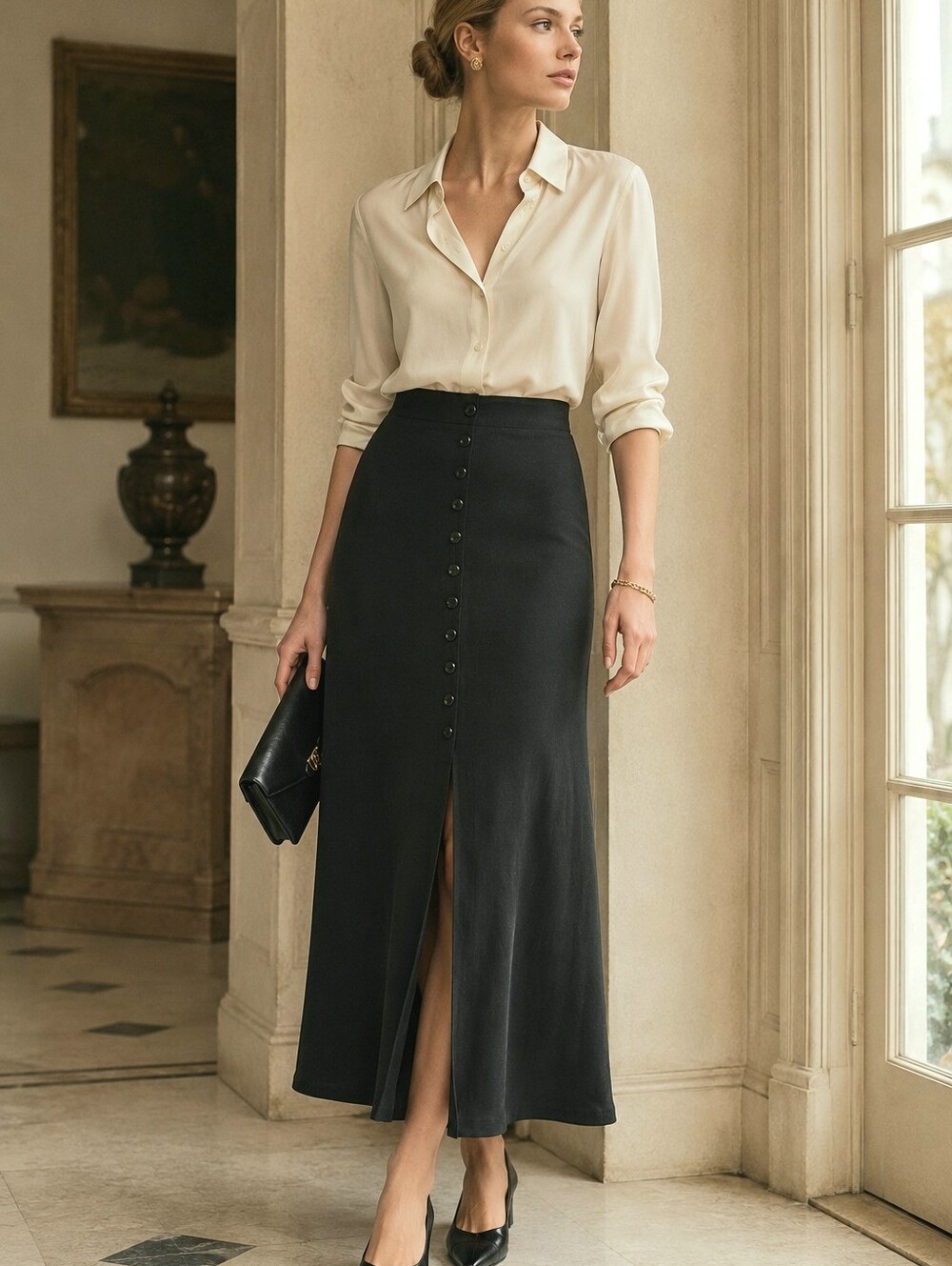 Vintage Old Money Quiet Luxury Black Button Front Slit Maxi Skirt